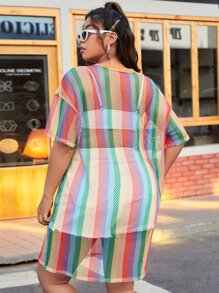 SHEIN Qutie Plus Rainbow Striped Sheer Mesh Dress - Multicolor - View 2