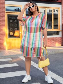 SHEIN Qutie Plus Rainbow Striped Sheer Mesh Dress - Multicolor - View 3