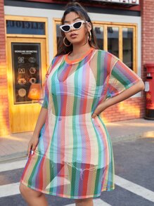 SHEIN Qutie Plus Rainbow Striped Sheer Mesh Dress - Multicolor - View 5