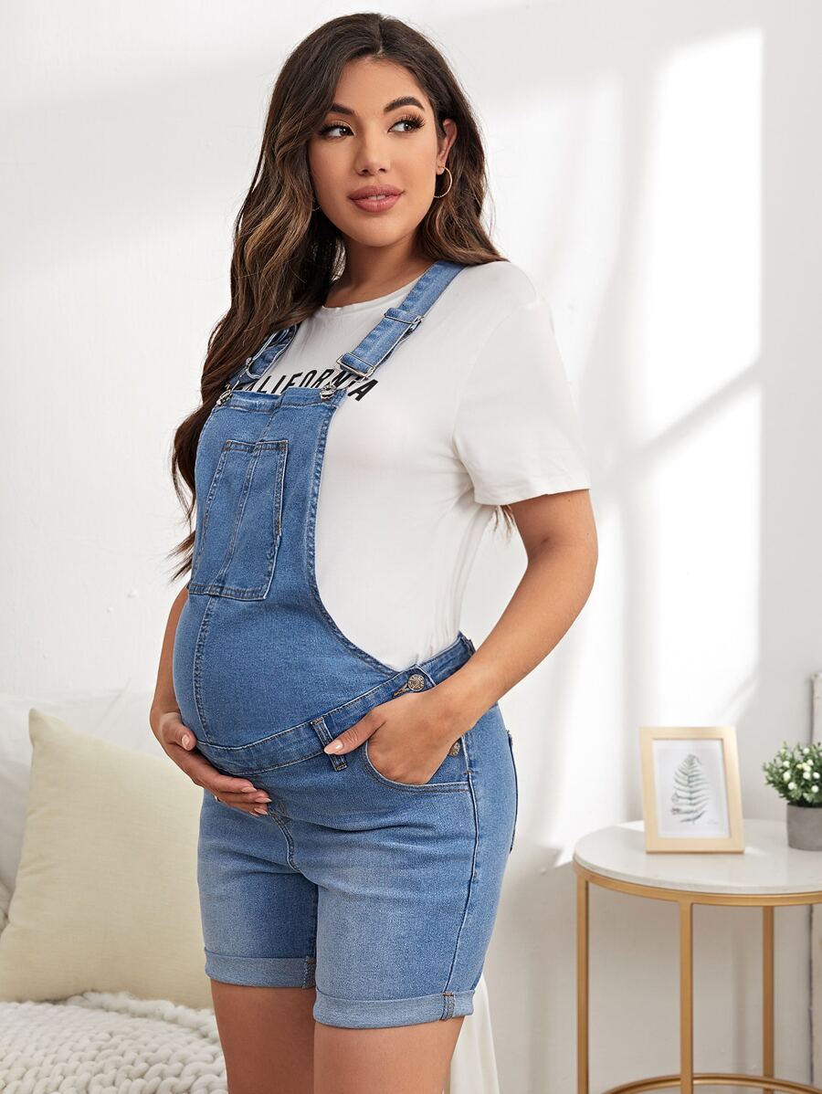 SHEIN Maternity Slant Pocket Denim Dungaree Romper Without Top - Medium Wash - View 1