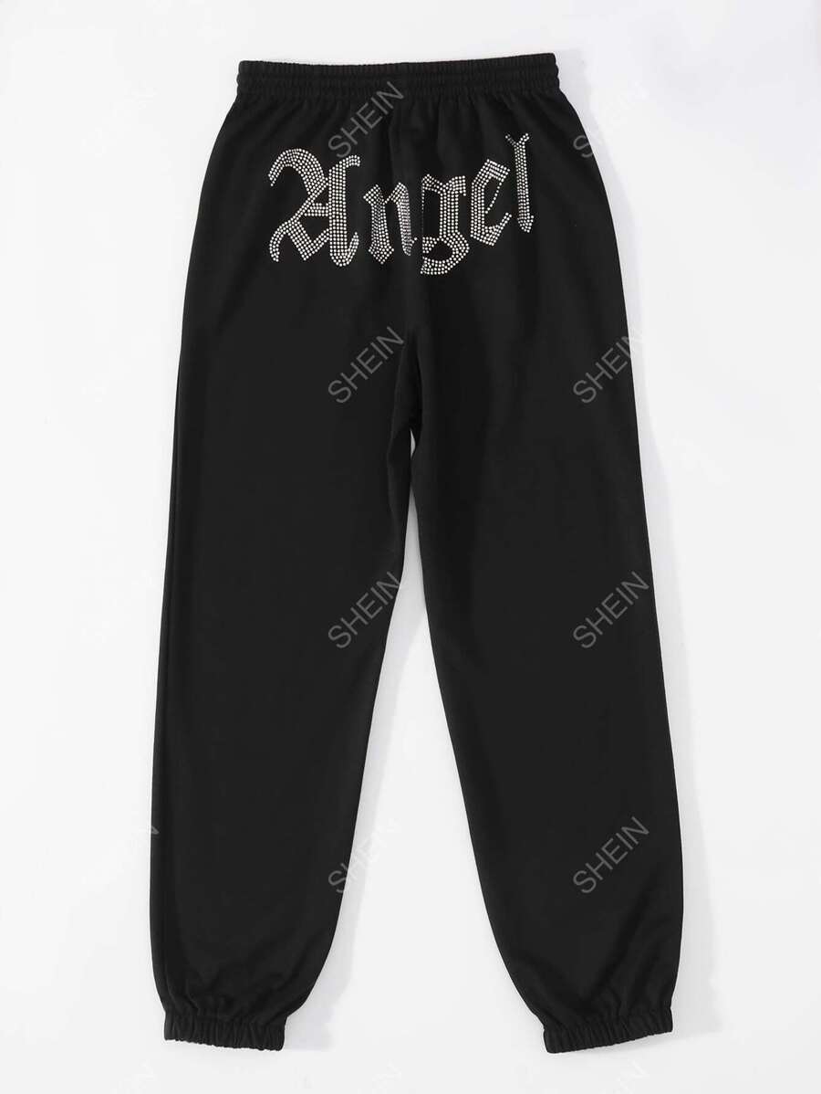 SHEIN Unity Pantaloni de sport cu șnur cu model de litere cu stras - Negru - Vizualizare 1