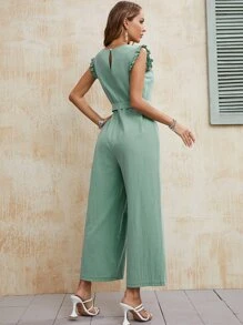 SHEIN Unity Ruffle Trim Belted Jumpsuit - Mint Green - View 2