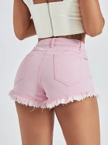 SHEIN Essnce 斜口袋毛邊緣牛仔短褲 - 淺粉色 - 查看 1