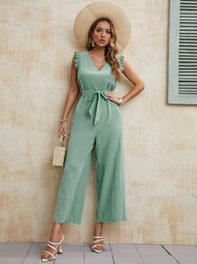 SHEIN Unity Ruffle Trim Belted Jumpsuit - Mint Green - View 5