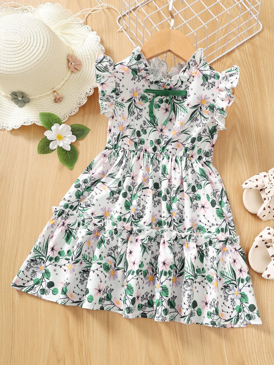 SHEIN Young Girl Floral Print Flutter Sleeve Tie Front Ruffle Hem Dress - Multicolor - View 1