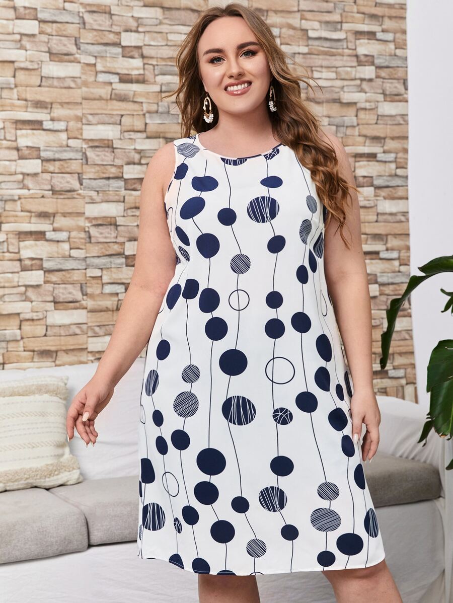 EMERY ROSE Plus Polka Dot & Striped Print Tank Dress - Blue and White - View 1