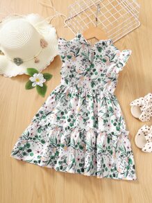 SHEIN Young Girl Floral Print Flutter Sleeve Tie Front Ruffle Hem Dress - Multicolor - View 2