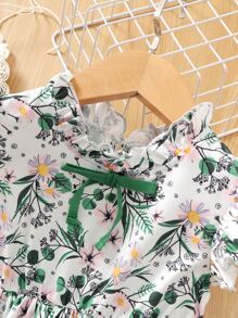 SHEIN Young Girl Floral Print Flutter Sleeve Tie Front Ruffle Hem Dress - Multicolor - View 4