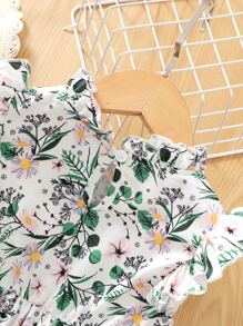 SHEIN Young Girl Floral Print Flutter Sleeve Tie Front Ruffle Hem Dress - Multicolor - View 5