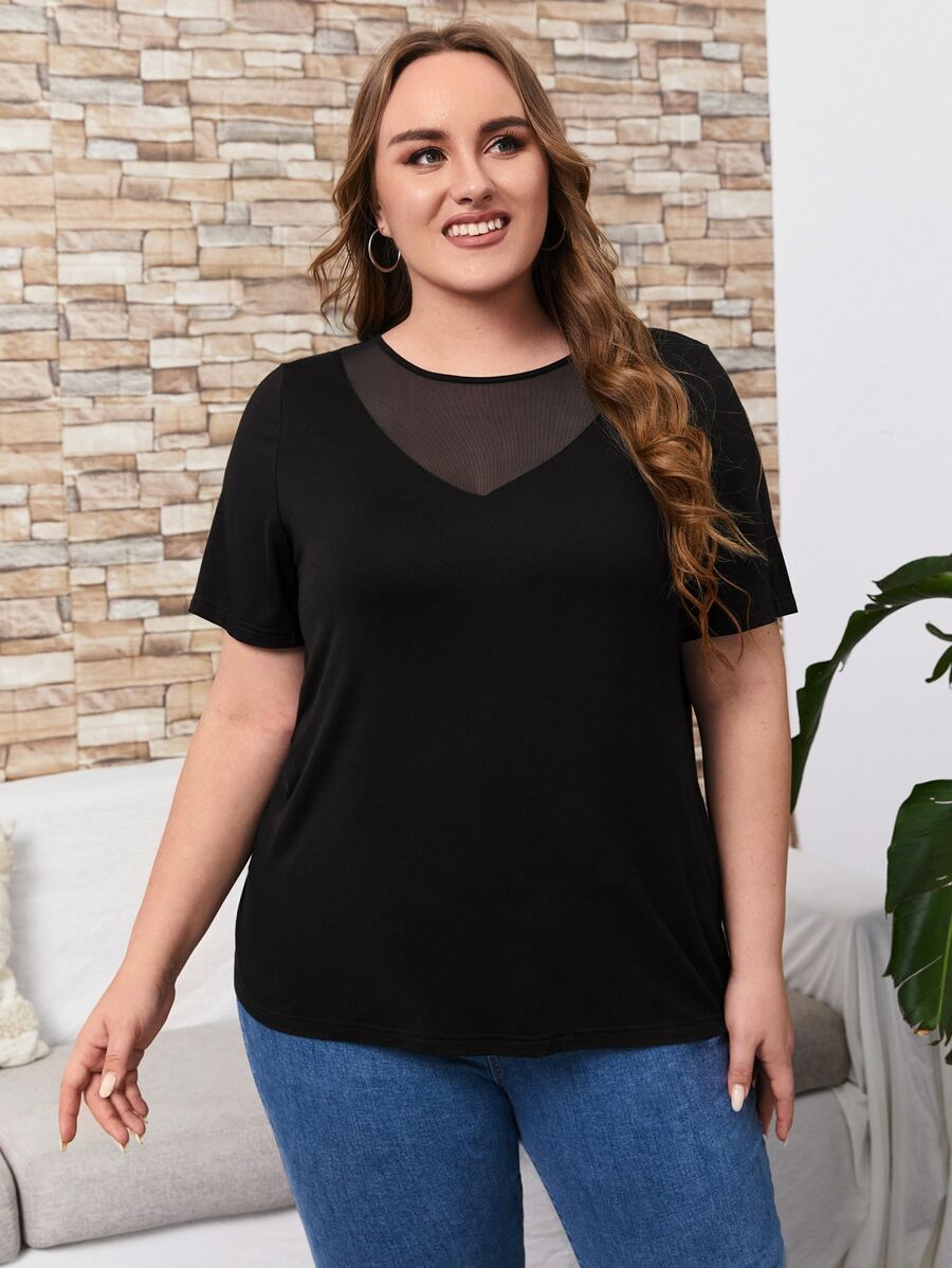 EMERY ROSE Áo thun Plus size Tương phản Mesh màu trơn Giải trí - màu đen - Xem 1