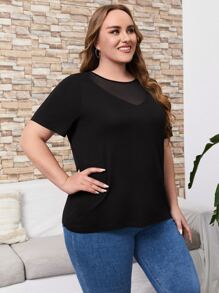 EMERY ROSE Áo thun Plus size Tương phản Mesh màu trơn Giải trí - màu đen - Xem 3