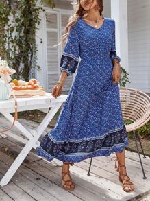 SHEIN VCAY Vestido con estampado floral bajo con fruncido - Azul - Ver 3