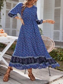 SHEIN VCAY Vestido con estampado floral bajo con fruncido - Azul - Ver 6