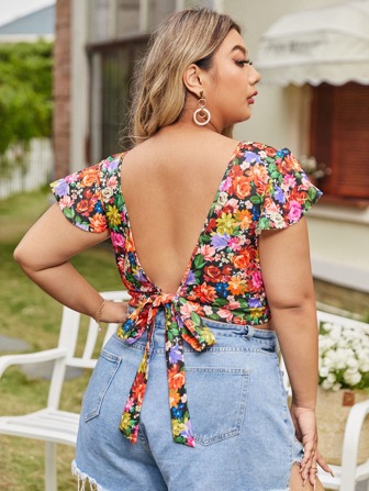 Top à imprimé fleur dos-nu à nœud