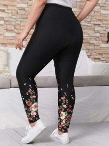 EMERY ROSE Plus Floral Print Elastic Waist Leggings - Black - View 2