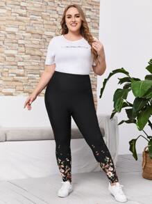 EMERY ROSE Plus Floral Print Elastic Waist Leggings - Black - View 4