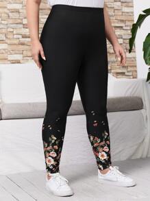 EMERY ROSE Plus Floral Print Elastic Waist Leggings - Black - View 5