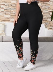 EMERY ROSE Plus Floral Print Elastic Waist Leggings - Black - View 1