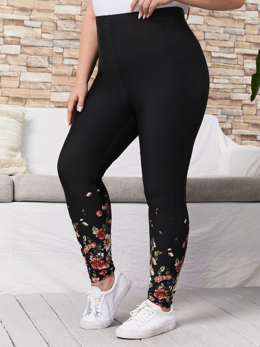 EMERY ROSE Plus Floral Print Elastic Waist Leggings - Black - View 1