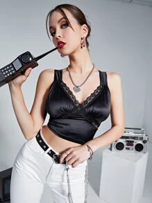 Contrast Lace Scallop Trim Crop Cami Top - Black - View 1