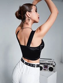 Contrast Lace Scallop Trim Crop Cami Top - Black - View 2