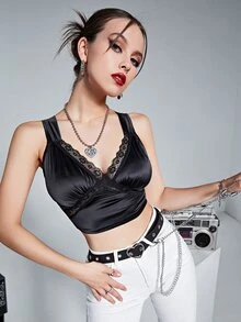 Contrast Lace Scallop Trim Crop Cami Top - Black - View 3