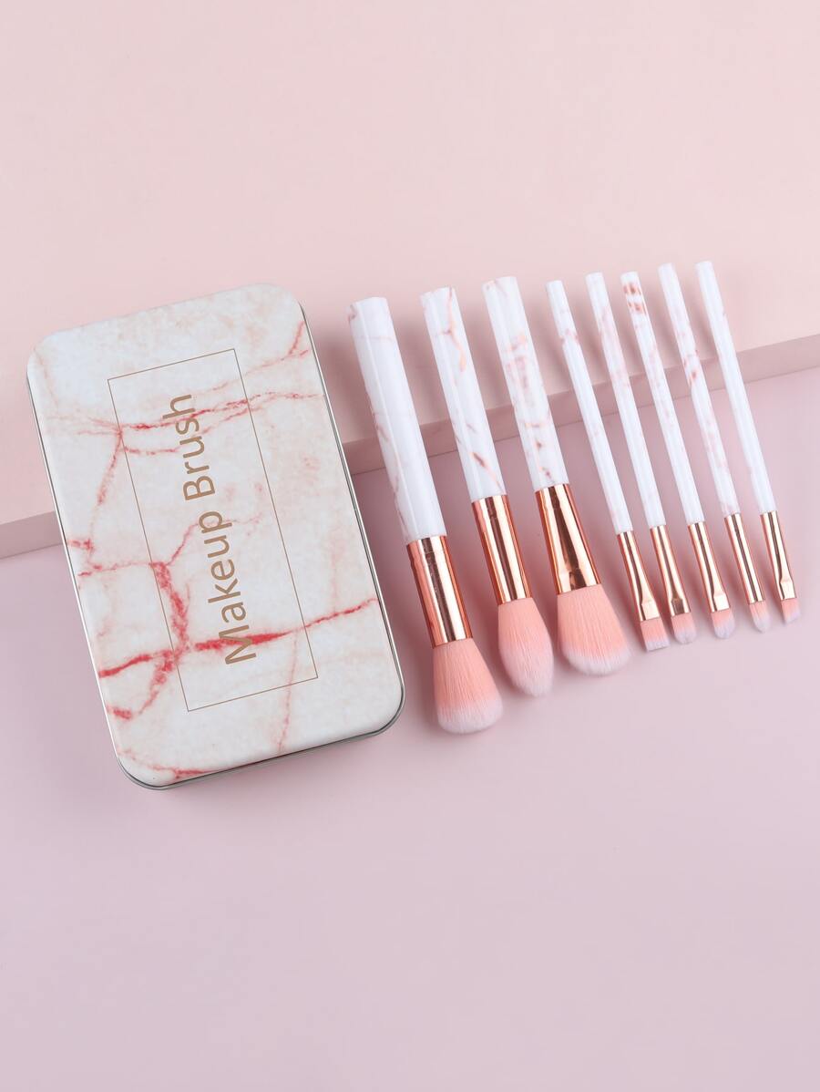 8 piezas Juego de brochas de maquillaje con estampado de mármol y caja de almacenamiento, brochas sintéticas premium para rostro, ojos y labios para base, polvo, sombra de ojos, cejas, set de brochas, kit de maquillaje, set de maquillaje completo, set de brochas de maquillaje, kit de maquillaje completo, set de brochas, set de brochas de maquillaje, set de regalo de maquillaje, set - Rosa - Ver 1