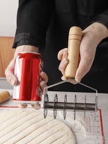 1pc Wooden Handle Dough Roller Cutter - Multicolor - View 2