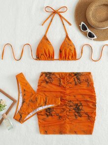 SHEIN Swim Summer Beach Marble Print Halter Micro Triangle Bikini With Beach Skirt - Multicolor - View 5