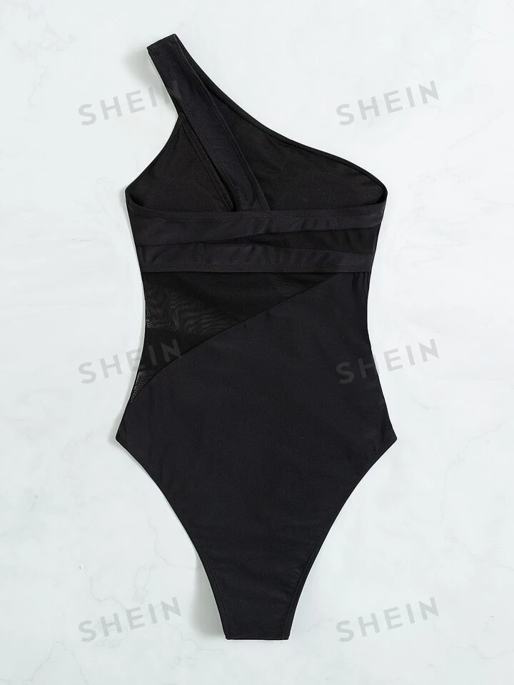 SHEIN Swim Plain Contrast Mesh One Shoulder One Piece Swimsuit 