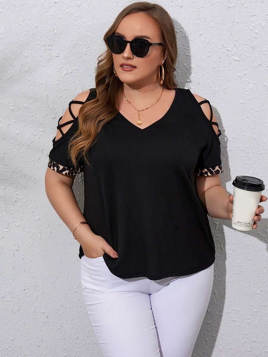 SHEIN Unity Plus Criss Cross Cut Out Sleeve Tee - Black - View 1