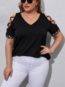 SHEIN Unity Plus Criss Cross Cut Out Sleeve Tee - Black - View 3