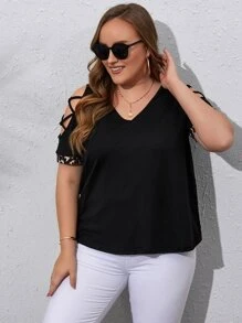 SHEIN Unity Plus Criss Cross Cut Out Sleeve Tee - Black - View 4