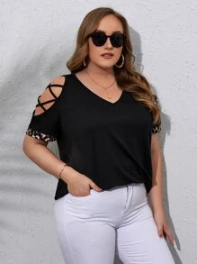 SHEIN Unity Plus Criss Cross Cut Out Sleeve Tee - Black - View 6