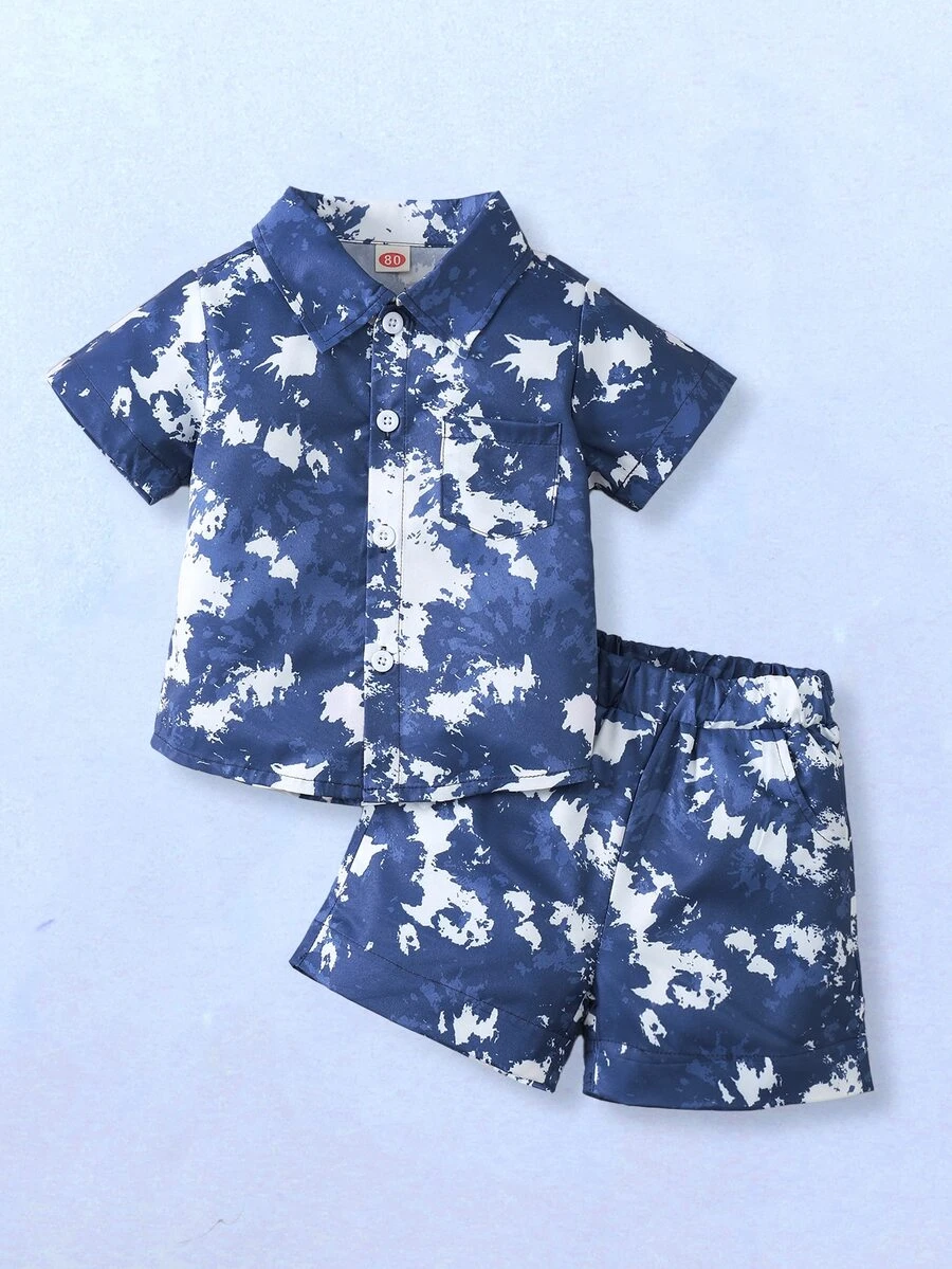 嬰兒紮染前紐扣襯衫和短褲 - 藍白色 - 查看 1