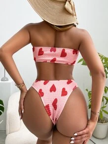 Heart Print Smocked Bandeau Bikini - Pink - View 2