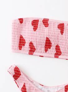 Heart Print Smocked Bandeau Bikini - Pink - View 3
