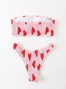 Heart Print Smocked Bandeau Bikini - Pink - View 4