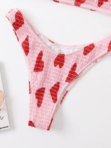 Heart Print Smocked Bandeau Bikini - Pink - View 5