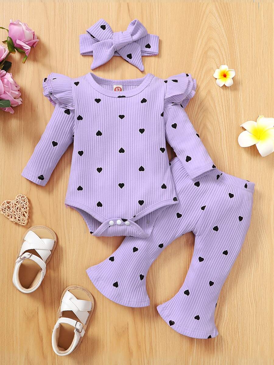 Baby Heart Print Ruffle Trim Bodysuit & Flare Leg Trousers & Headband - Lilac Purple - View 1