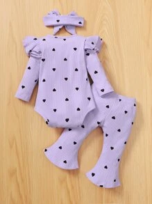 Baby Heart Print Ruffle Trim Bodysuit & Flare Leg Trousers & Headband - Lilac Purple - View 2