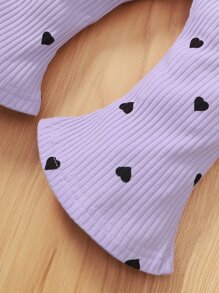 Baby Heart Print Ruffle Trim Bodysuit & Flare Leg Trousers & Headband - Lilac Purple - View 5