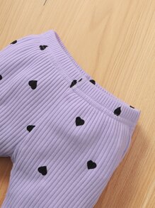 Baby Heart Print Ruffle Trim Bodysuit & Flare Leg Trousers & Headband - Lilac Purple - View 6