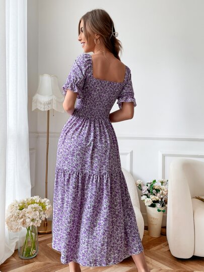 Allover Floral Print Shirred Puff Sleeve Square Neck Split Thigh Dress Maxi Women Outfit