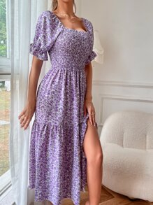 Breezaya 滿版印花打褶泡泡袖方領高衩連衣裙 - 紫色 - 查看 6