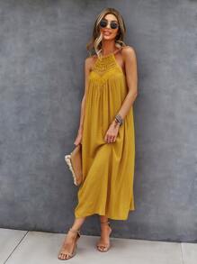 SHEIN VCAY Đầm Lộ Lưng Tương phản ren màu trơn Boho - Màu Mù tạt vàng - Xem 1