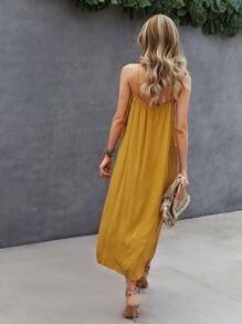 SHEIN VCAY Đầm Lộ Lưng Tương phản ren màu trơn Boho - Màu Mù tạt vàng - Xem 2