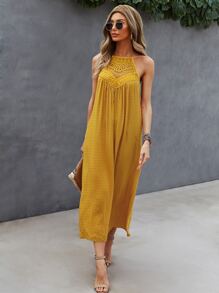 SHEIN VCAY Đầm Lộ Lưng Tương phản ren màu trơn Boho - Màu Mù tạt vàng - Xem 4