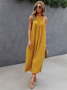 SHEIN VCAY Đầm Lộ Lưng Tương phản ren màu trơn Boho - Màu Mù tạt vàng - Xem 5