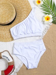 Conjunto de bikini con hombro descubierto fruncido de color liso para niña preadolescente, para playa de verano - Blanco - Ver 1